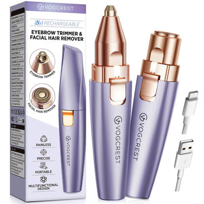 Picture of VG VOGCREST Eyebrow Facial Trimmer: 2 in1 Rechargeable Facial Hair Removal and Eyebrow Shaver - Face Lips Body Painless Facial Razor with Built-in LED Light (Solar Purple)