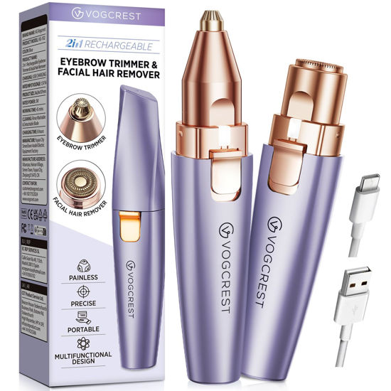 Picture of VG VOGCREST Eyebrow Facial Trimmer: 2 in1 Rechargeable Facial Hair Removal and Eyebrow Shaver - Face Lips Body Painless Facial Razor with Built-in LED Light (Solar Purple)