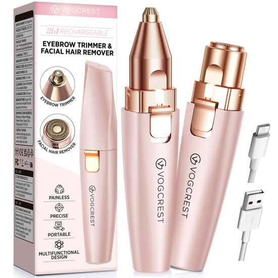 Picture of VG VOGCREST Eyebrow Facial Trimmer: 2 in1 Rechargeable Facial Hair Removal and Eyebrow Shaver - Face Lips Body Painless Facial Razor with Built-in LED Light (Pink)
