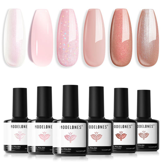 Picture of modelones Gel Nail Polish Set 6 Colors Nude Pink Glitter Gel Nail Polish Neutral Pearl Pink Shimmer Skin Tone Soak Off UV Bubble Bath Collection For Nail Art DIY Salon New Year Gifts For Women Girl