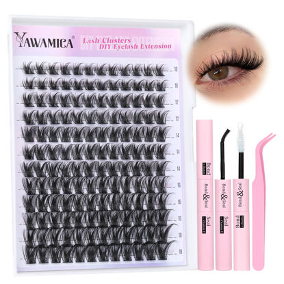 Picture of Yawamica Lash Extension Kit Wispy Lash Clusters Kit C Curl Eyelash Clusters 10-18mm Cluster Eyelash Extensions Kit Soft Individual Lashes DIY Lash Kit with Lash Cluster Glue Lash Tweezers by Self
