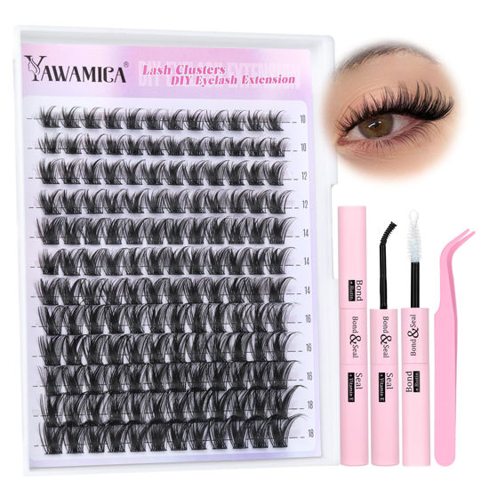 Picture of Yawamica Lash Extension Kit Wispy Lash Clusters Kit C Curl Eyelash Clusters 10-18mm Cluster Eyelash Extensions Kit Soft Individual Lashes DIY Lash Kit with Lash Cluster Glue Lash Tweezers by Self