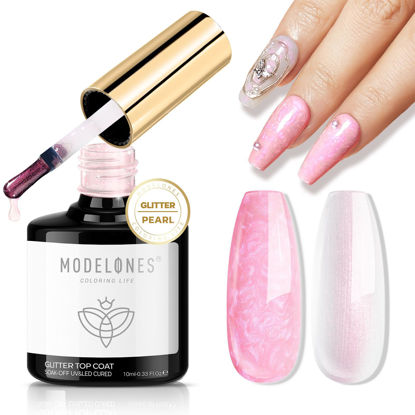 Picture of modelones Glitter Gel Top Coat, 2-in-one Pearl Gel Nail Polish Clear Glitter Glossy Sparkle Finish Long Lasting Soak Off Mermaid Shimmer Pearlescent Glitter Gel Polish Nail Art Home DIY, 10 ML