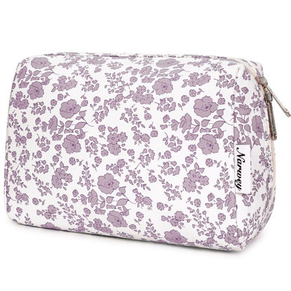 Picture of Narwey Cute Floral Makeup Bag Travel Cosmetic Bag Organizer Toiletry Bag Make Up Bags with Organized Pocket for Women (Large, Little Dusty Pink Flower)