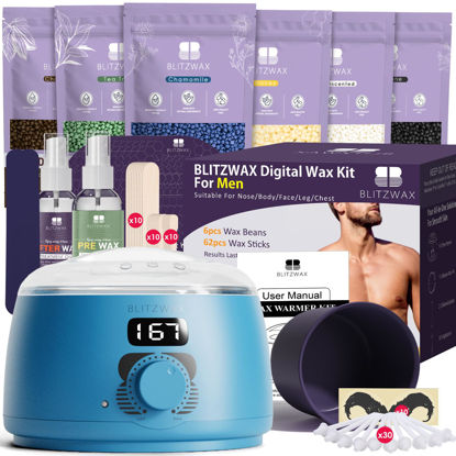 Picture of BLITZWAX Hard Wax Hair Removal Kit for Beginners Hot Wax Machine Kit Ideal for Nose, Body, Chest, Arms and Private Area, Men's Personal Wax Kit - Smooth Results at Home for All Skin Types(Royal Blue)