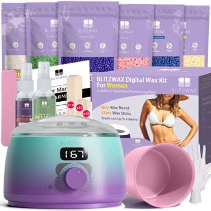 Picture of BLITZWAX Waxing Kit for Women and Men Hair Removal Wax Warmer for Face, Chest, Body, Bikini and Sensitive Skin, Beginner Hard Wax Kit with 32pcs Wax Spatulas, Easy to Clean for Home Use(Green-Purple)