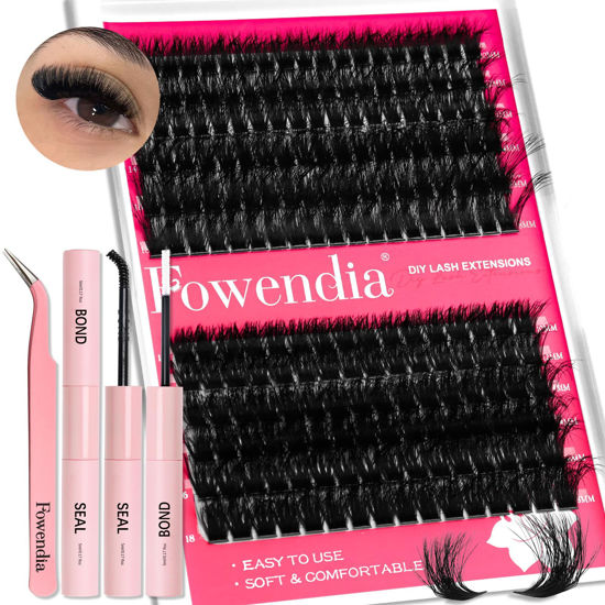 Picture of Fowendia Lash Clusters Kit Fluffy 80D 100D Individual Lashes D Curl Cluster Eyelash Extensions 10-18mm DIY Lash Extension Kit Lash Bond and Seal Waterproof, Lash Applicator, Thick False Eyelashes Kit