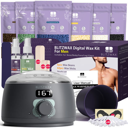 Picture of BLITZWAX Waxing Kit for Men Beginners Hair Removal Hard Wax Warmer Set for Nose, Armpit, Face, Back and Sensitive Skin, Quick-Heating Wax Machine Kit with 93 Items for Home/Salon Use(Charcoal Grey)