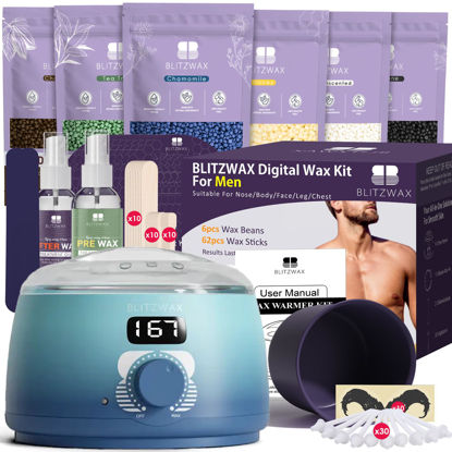 Picture of BLITZWAX Wax Warmer Hair Removal Kit with 30pcs Nose Wax Sticks for Men First-Timers Waxing, Painless Wax Kit for Beard, Chin, Legs, Brazilian and Brow - Easy Use at Home/Salon/Bathroom(Blue Waves)