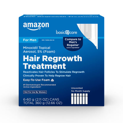 Picture of Amazon Basic Care Minoxidil Topical Aerosol, 5% Foam, Hair Regrowth Treatment for Men, 6-month Supply, Unscented, 2.11 oz (Pack of 6)