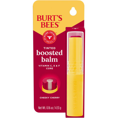Picture of Burt’s Bees Tinted Boosted Balm Cheeky Cherry; Nourishing Vitamin C, E, and F Core; 24 Hour Moisture; Buildable Color with a Semi Glossy Finish; 100% Natural Origin; 1 Tube; 0.16 Oz.