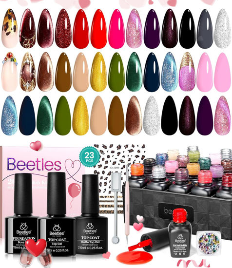 Picture of Beetles Red Brown Gel Nail Polish Set, Cat Eye Glitter 20 Colors Gel Polish With Base Coat Glossy & Matte Top Coat Mob Wife Collection All Seasons Valentine's Day Gifts for Women