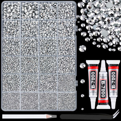 Picture of 25000Pcs Resin Rhinestones with Tweezers for Crafting, Silver 2-6mm Mixed Sizes Bedazzling Crystal with 3Pcs 10ml B7000 Jewelry Glue for DIY Crafts Clothing Tumblers Shoes Fabric Nail Art