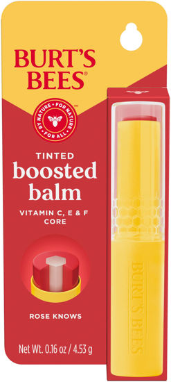 Picture of Burt’s Bees Tinted Boosted Balm Rose Knows; Nourishing Vitamin C, E, and F Core; 24 Hour Moisture; Buildable Color with a Semi Glossy Finish; 100% Natural Origin; 1 Tube; 0.16 Oz.