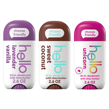 Picture of hello Deodorant Variety Pack, Aluminum Free Deodorant for Women and Men with Shea Butter, Lavender Vanilla, Sweet Coconut, Unicorn, Baking Soda Free Deodorant, 3 x 2.6 oz Deodorant Sticks