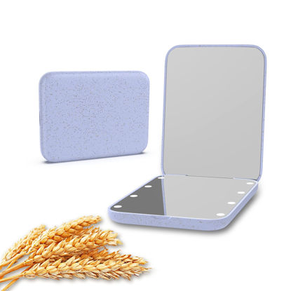 Picture of Kintion Wheat Straw Pocket Mirror, 1X/3X Magnification Travel Mirror for Purse, Lighted Plastic Fiber Mirror, Folding Handheld Mirror, Small Lighted Compact Mirror for Gift, Purple