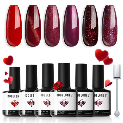 Picture of modelones Gel Nail Polish Set, 6 PCS Valentine's Day Red Burgundy Purple Glitter Gel Polish Colors Cat Eye Chameleon Shimmer Soak OFF LED Nail Art Gel Nail Kit Manicure Salon DIY Nails Gift