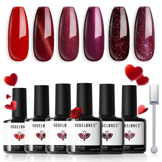 Picture of modelones Gel Nail Polish Set, 6 PCS Valentine's Day Red Burgundy Purple Glitter Gel Polish Colors Cat Eye Chameleon Shimmer Soak OFF LED Nail Art Gel Nail Kit Manicure Salon DIY Nails Gift