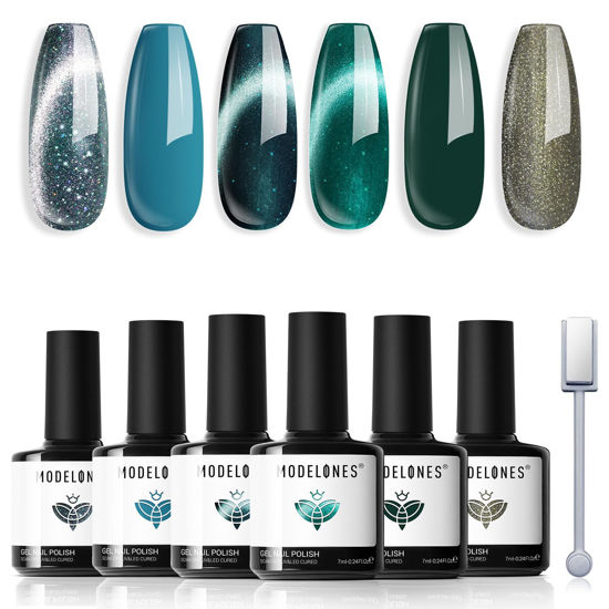 Picture of modelones Gel Nail Polish Set, 6 Colors Blue Green Collection Sparkle Reflective Glitter Gel Polish Dark Blue 9D Cat Eye Nail Gel polish with Magnet Soak Off LED St. Patrick's Day Nail Art Gel DIY