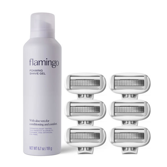Picture of Flamingo Razors for Women 6 count 5-Blade Refills + Foaming Shave Gel