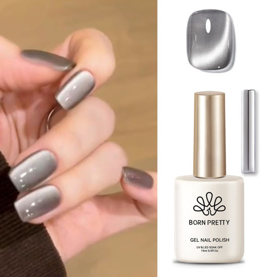 Picture of Born Pretty Cat Magnetic Eye Gel Nail Polish, Gray Moonlight Cat Magnetic Gel, Glass Shiny Effect Gray Soak Off Nail Art Salon Manicure Home Gift 15ml