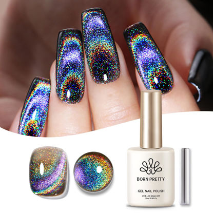 Picture of Born Pretty Cat Magnetic Eye Gel Nail Polish Holographic Rainbow Cat Magnetic Gel, Black Glitter Magnetic Soak Off U v Nail Gel Diy Art for Girls Women 15ML