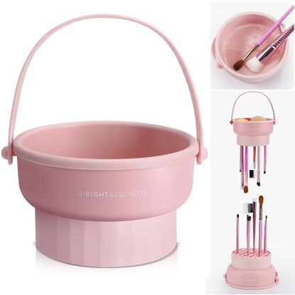 Picture of Makeup Brush Cleaner Mat 3 in 1 Silicone Makeup Brush Cleaner Bowl Cosmetic Brushes Cleaning Tool Organizer for Storage and Air Drying (Pink)