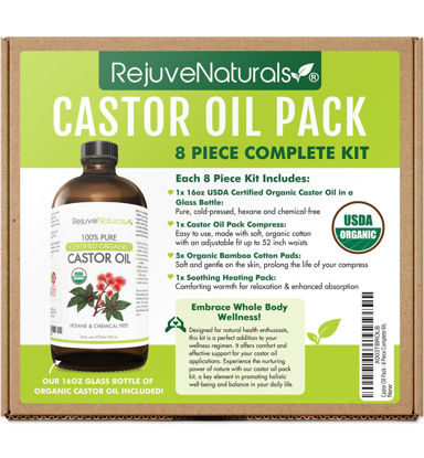 Picture of RejuveNaturals Castor Oil Pack - 8 Piece Complete Kit. Includes 16oz Glass Bottle of Organic Castor Oil, Easy to use Castor Oil Compress with Adjustable Fit, 5 Soft Cotton Pads & Soothing Heat Pack..