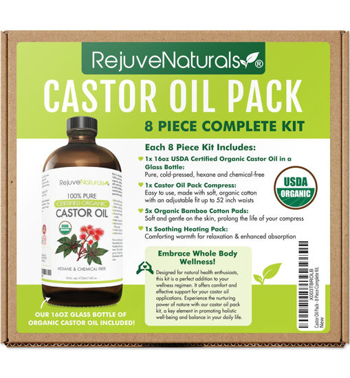 Picture of RejuveNaturals Castor Oil Pack - 8 Piece Complete Kit. Includes 16oz Glass Bottle of Organic Castor Oil, Easy to use Castor Oil Compress with Adjustable Fit, 5 Soft Cotton Pads & Soothing Heat Pack..