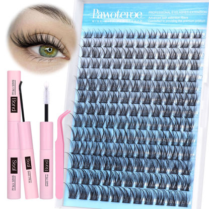 Picture of Pawotence Lash Clusters Kit Wispy Lash Extension Kit 8-16mm Natural Cluster Eyelash Extension Kit Individual Lashes 154pcs C Curled Eyelash Clusters with Lash Bond and Seal, Lash Tweezers for Self Use