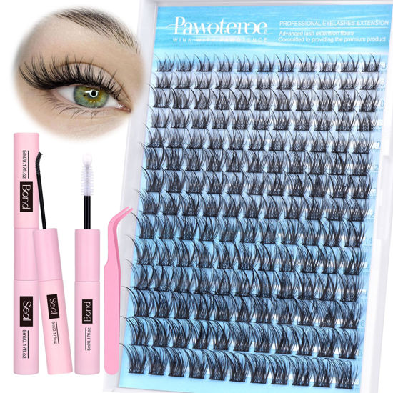 Picture of Pawotence Lash Clusters Kit Wispy Lash Extension Kit 8-16mm Natural Cluster Eyelash Extension Kit Individual Lashes 154pcs C Curled Eyelash Clusters with Lash Bond and Seal, Lash Tweezers for Self Use