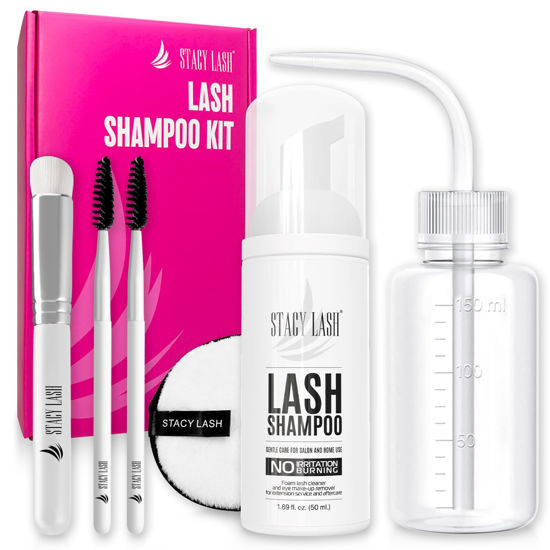 Picture of STACY LASH Lash Shampoo Kit Foaming Cleanser with Eye Lash Spoolies & Rinse Bottle & Cleansing Pad & Brush for Eyelash Extensions & Clusters & Natural Eyelashes