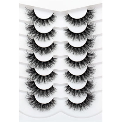 Picture of Pooplunch Cat Eye Look Fluffy False Eyelashes Thick Full Volume 16MM Wispy Curly Faux Mink Lashes 8D Fake Eyelash Strips 7 Pairs Multipack