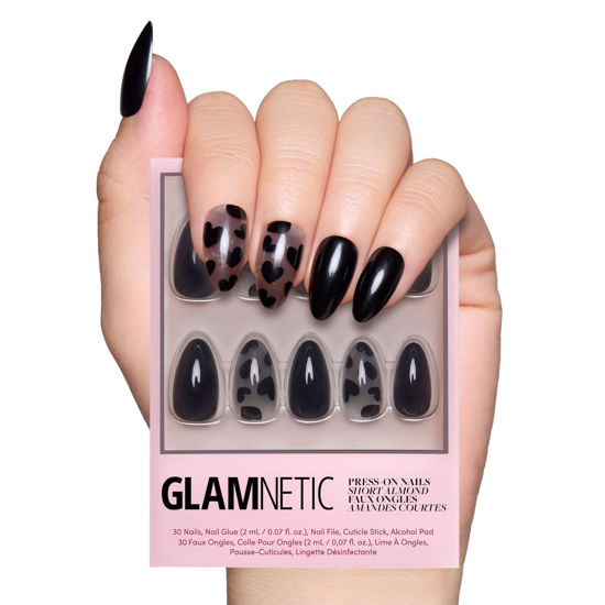 Picture of Glamnetic Press On Nails - Love Me Not | Short Almond Nails with Black Heart Accents, Reusable Stick On Fake Nails with Glue | Love In Bloom Valentine’s Nails | 15 Sizes - 30 Nail Kit with Glue