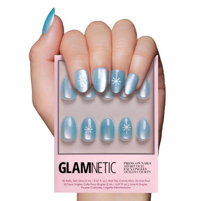 Picture of Glamnetic Press On Nails - Subzero | Opaque Pale Icy Blue Snowflake Graphic Short Oval False Nails, Reusable Stick On Fake Nails with Glue | Salon Quality | 15 Sizes - 30 Nail Kit