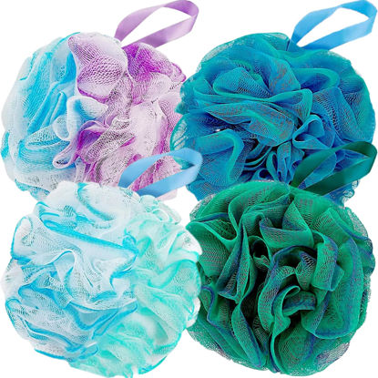 Picture of Fu Store Loofah Sponge Shower Loofahs 80g Bath Sponges Mesh Balls 4 Colors Body Scrubber Exfoliator Wash Back Scrubber Bathroom Men Women 4 Pack Scrubbers Cleaning Bathing Accessories, 80g Green Blue