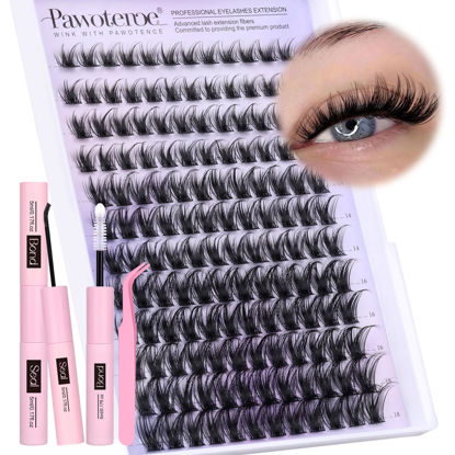 Picture of Pawotence Lash Clusters Kit Wispy Lash Extension Kit 10-18mm Cluster Eyelash Extensions Kit Individual Lashes 144pcs D Curled Eyelash Clusters with Lash Bond and Seal, Lash Tweezers for Self Use