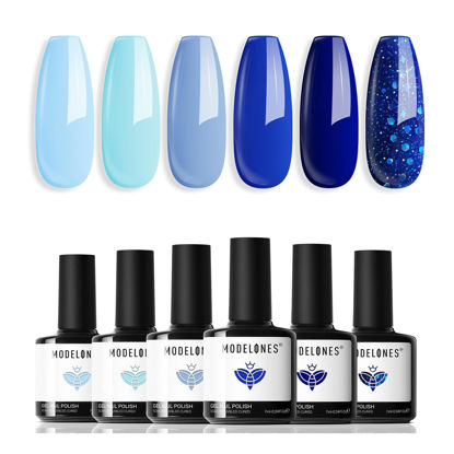 Picture of modelones Blue Gel Nail Polish Set 6 Colors, Royal Blue Sky Blue Glitter Navy Blue Nail Gel Polish Kit Light to Dark Shades Soak Off Pastel Spring Nail Art Gel Salon DIY Manicure Gift for Women Girl