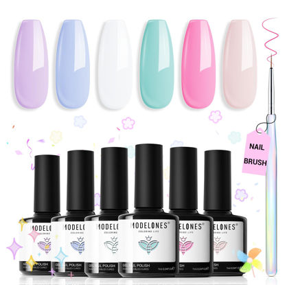 Picture of modelones Gel Nail Polish Set, 6 Colors Spring Pastel Gel Polish Set with Nail Art Liner Brush, Soft Pink White Light Purple Blue Green Nude Painting Nail Gel Polish Kit Mani DIY Salon Gift