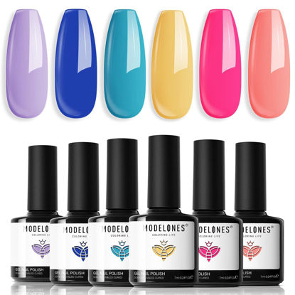 Picture of modelones Gel Nail Polish Set - 6 Colors Neon Bright Hot Pink Royal Blue Purple Turquoise Peaches Coral Yellow Nail Gel Kit Soak Off Nail Art Design Manicure DIY Salon Gift for Girl Women