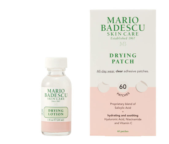 Picture of Mario Badescu Drying Duo, Includes Drying Lotion Blemish Spot Treatment with Salicylic Acid and Sulfur (1 Fl Oz) and Drying Patch Facial Stickers, Invisible Pimple Patches (60 Count)