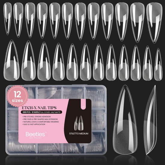 Picture of Beetles Stiletto Medium Nail Tips, 288 Pcs Pre-Shaped Etch X Nail Tips Fake Nails Soft Gel Nail Extension Acrylic Tips, Soak Off LED Nail DIY Salon at Home Gifts for Women