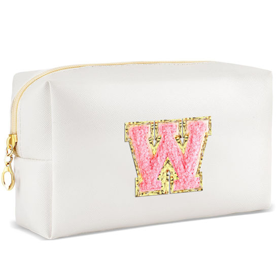 Picture of URSKYTOUS Initial Makeup Bag Personalized Preppy Travel Small Cosmetic Bag Cute PU White Chenille Letter Makeup Pouch for Purse Waterproof Zippered Toiletry Organizer for Women Girls Kids Friends (W)