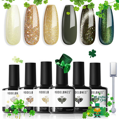 Picture of modelones Gel Nail Polish Set, 6 Colors Green Gold Yellow Sparkle Reflective Glitter Gel Polish Dark Green 9D Cat Eye Nail Gel polish with Magnet Soak Off LED St. Patrick's Day Nail Art Gel DIY Gift