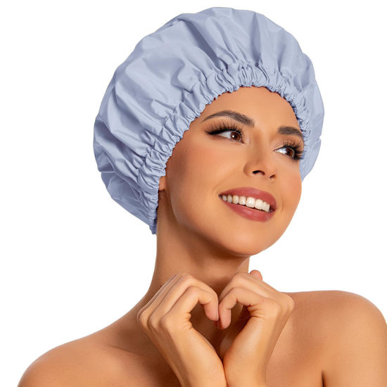 Picture of Reusable Shower Cap for Women, Large Waterproof Shower Bonnet Washable Elastic Band Bath Hair Hat for Long Hair, Braids(Gray)