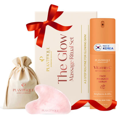 Picture of PLANTIFIQUE Massage Ritual Set Premium Certified Rose Quartz Gua Sha + Vitamin C Serum Skin Care Set, Birthday Gifts for Women, Teens, Mom, Brides
