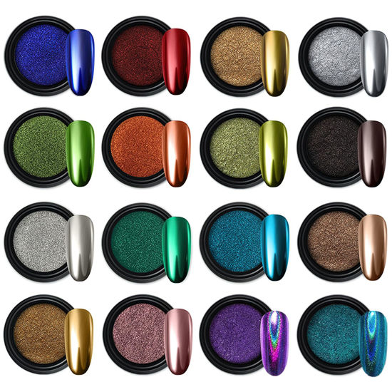 Picture of Artdone 16 Colors Chrome Nail Powder, Iridescent Aurora Powder Metallic Mirror Effect Pigment Pearlescent Mermaid Pigment Pearl Glitter Dust Kit, Nail Art Decoration, Resin Craft