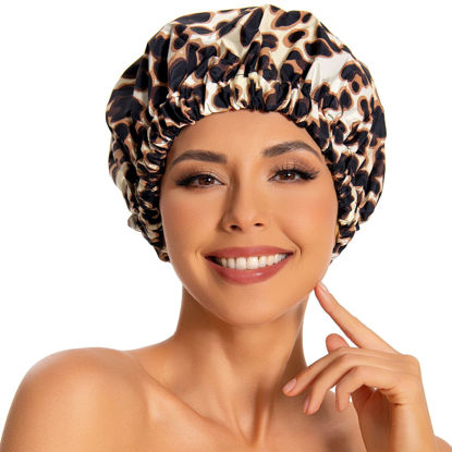 Picture of Reusable Shower Cap for Women, Large Waterproof Shower Bonnet Washable Elastic Band Bath Hair Hat for Long Hair, Braids(Leopard)