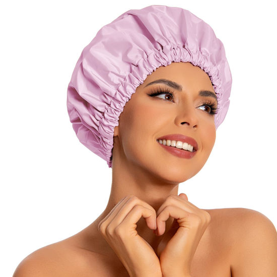Picture of Reusable Shower Cap for Women, Large Waterproof Shower Bonnet Washable Elastic Band Bath Hair Hat for Long Hair, Braids(Purple)