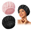 Picture of Reusable Shower Cap for Women, Large Waterproof Shower Bonnet Washable Elastic Band Bath Hair Hat for Long Hair, Braids(Pink&Black)